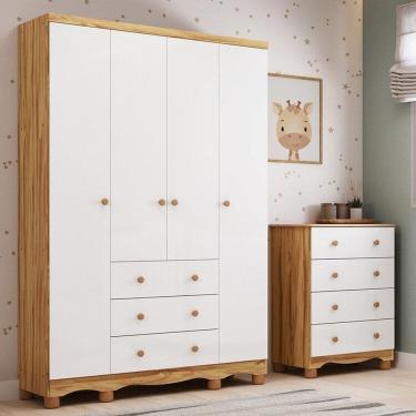 Imagem de Quarto Infantil com Guarda-Roupa 4 Portas e Cômoda 4 Gavetas 100% MDF Mimo Espresso Móveis Branco Brilho/Amêndoa