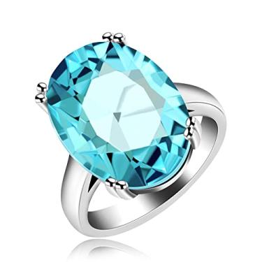 Imagem de Uloveido Anel de topázio criado grande oval pedra azul claro solitário anéis de coquetel para mulheres banhado a platina, design simples aniversário casamento cristal azul claro joia anel presente