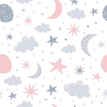Imagem de Papel De Parede Adesivo Lua Nuvens Estrelas Rosa Infantil 5m
