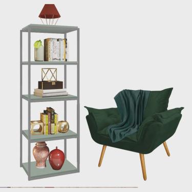 Imagem de Kit Poltrona Fatte com Manta Soft Verde e Estante Livreiro Ferro Prata mdf Verde Oliva Suede Verde Musgo - Ahazzo Móveis