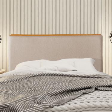 Imagem de Cabeceira Cama Box King Estofada Detalhe em Madeira Java Linho Bege