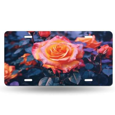 Imagem de Capa de placa de licença com imagem noturna de flor de botão de rosa laranja - etiqueta artística de alumínio para carro, à prova de ferrugem, design exclusivo novidade - 15 x 30 cm