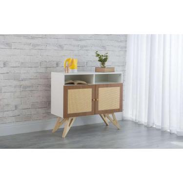 Imagem de Balcão Buffet Pés Taeda Mdf Branco 2 Portas Com Nicho Mdf Freijó E Pal