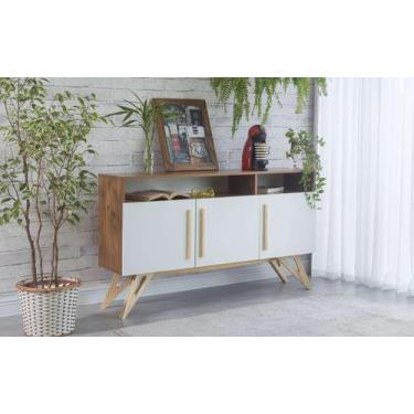 Imagem de Balcão Buffet Para Sala De Jantar Mdf Freijó Pés Taeda 3 Portas Branca