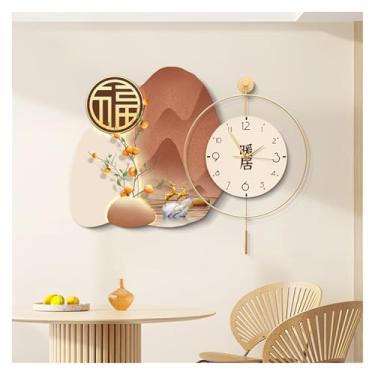 Imagem de Pintura decorativa com relógio Nova pintura decorativa de sala de jantar em estilo chinês com relógio, relógio de parede silencioso sem tique-taque, decoração de parede grande para escritório e quarto