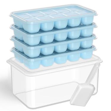 Imagem de DOQAUS Bandeja para cubos de gelo com tampa e caixa – Pacote com 4 bandejas de gelo de silicone para freezer, kits de balde de gelo empilháveis com recipiente de armazenamento e colher para cozinha