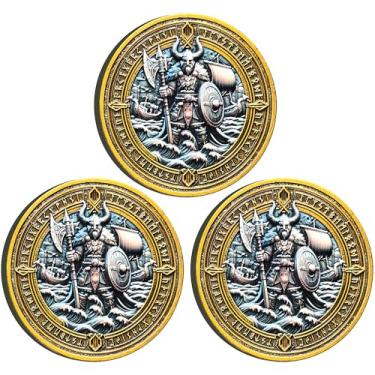 Imagem de Strugglejewelry Moeda do Desafio do Guerreiro Viking e Mjölnir - Design intrincado da mitologia nórdica com inscrições rúnicas (pacote com 3)