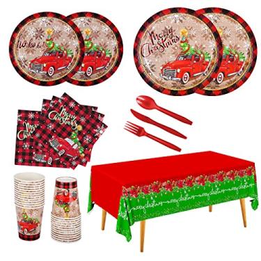 Imagem de Artigos de festa de Natal, pratos de papel descartáveis, guardanapos, copos, facas, colheres, garfos, toalha de mesa para decorações de festa de feliz Natal, servidor 25