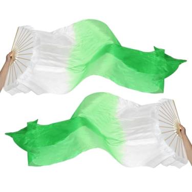 Imagem de PATIKIL Véu de seda para 16 leques de dança do ventre 150 cm, 1 par (esquerda + direita) ventilador de dança longo dobrável de madeira para apresentação de dança, branco e verde