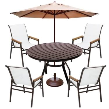 Imagem de Jogo de Jardim Mesa Redonda 90cm Aluminio 4 Cadeiras Pisicna com Braço Madeira e Ombrelone (Branco)