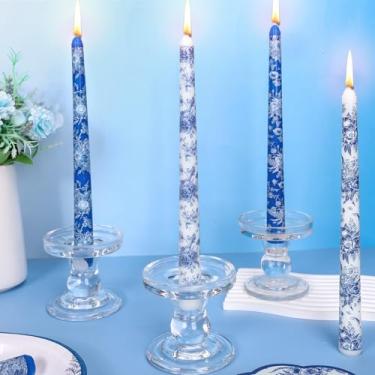 Imagem de FYSUIMU 12 peças Chinoiserie velas cônicas sem gotejamento azul branco vintage flor varas longas sem perfume para festa de casamento, aniversário, mesa de jantar, suprimentos