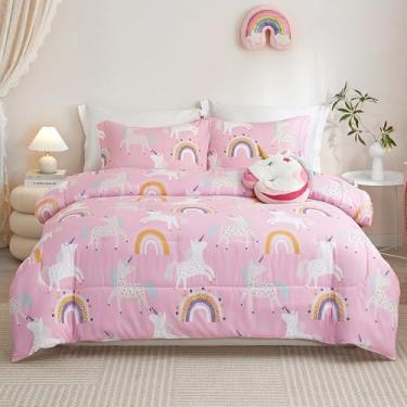Imagem de HollyHOME Conjunto de edredom infantil de unicórnio rosa para meninas, 2 peças, desenho animado de unicórnio e arco-íris, roupa de cama de microfibra macia, decoração de quarto para todas as estações