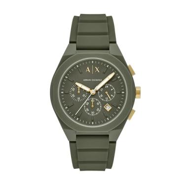 Imagem de Armani Exchange Relógio masculino com cronógrafo A|X; relógio masculino com pulseira de couro, aço inoxidável ou silicone, Verde, Sincronização