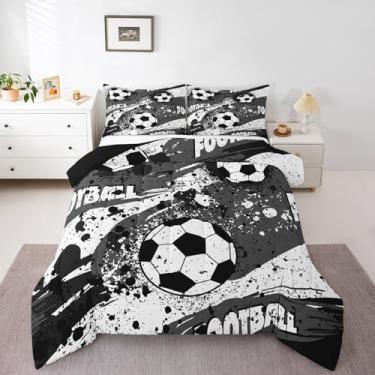 Imagem de jejeloiu Conjunto de edredom de futebol americano, tamanho casal, para meninos, meninas, adolescentes, esportes, jogos, preto, branco, cinza, verão, natureza, edredom e decoração de quarto