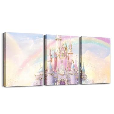 Imagem de Feelyou Decoração de parede de castelo infantil em tela de castelo com glitter para sala de estar quarto conto de fadas 3 peças pintura de parede crianças meninos meninas kawaii decoração de quarto