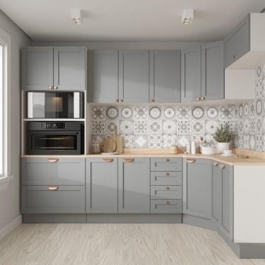 Imagem de Cozinha Modulada 7 Peças Com Tampo 3 Aéreos 3 Balcões E Torre Quente Arizona Branco/cinza