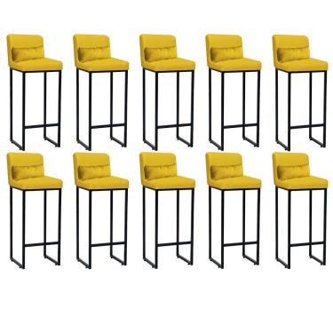 Imagem de Kit 10 Banqueta Alta Com Encosto Balcão Ferro Preto Corino Amarelo E Almofada Amarelo