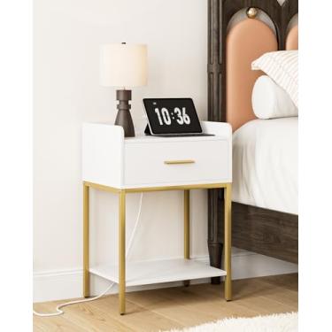 Imagem de AEPOALUA Mesa de cabeceira com estação de carregamento, mesa de cabeceira com gaveta e 2 prateleiras, mesa lateral pequena, mesa de cabeceira branca moderna, mesa de canto alto para quarto, sala de