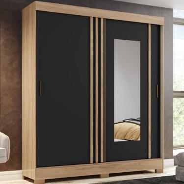 Imagem de Guarda-Roupa Solteiro 2 Portas de Correr 2 Gavetas com Espelho B353 Jequitibá /Preto