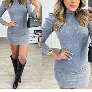 Imagem de Vestido Curto Manga Longa Bufante Gola Alta Canelado Moda Influencer -