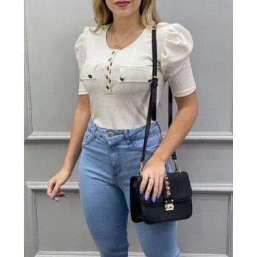 Imagem de Blusa feminina malha canelada manga princesa bufante com detalhe em bo