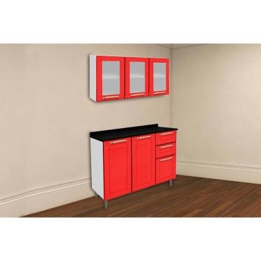 Imagem de Cozinha Modulada Bertolini Colors 2 Peças (1Aéreo+1Balcão) C2P18 Branco/Vermelho - Bertolini