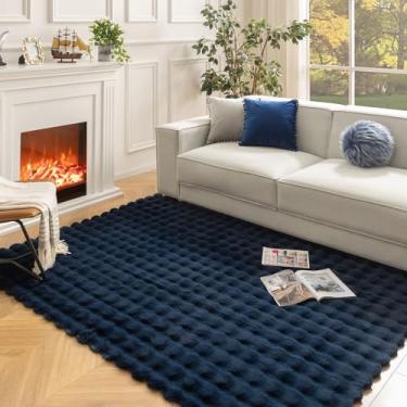 Imagem de Ashler Tapete de pele de coelho sintético para o Natal, azul escuro 1,5 x 7 m, tapete felpudo retangular lavável à máquina para sala de estar, quarto, berçário - em forma de bolha 3D