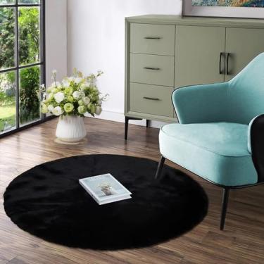 Imagem de Latepis Tapetes redondos fofos de 1,2 m preto felpudo tapete de coelho de pele sintética para sala de estar, quarto, tapete peludo para berçário, crianças, decoração de quarto fofo