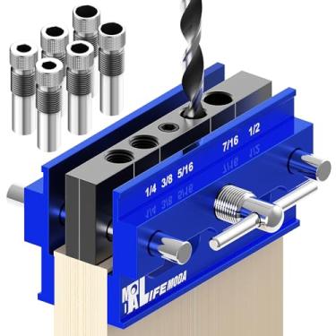 Imagem de LIFEMODA Kit de gabarito de cavilha autocentralizante, gabarito de broca para furos retos, conjunto de marceneiro de biscoito com 6 buchas de guia de broca, ferramentas de guia de perfuração de
