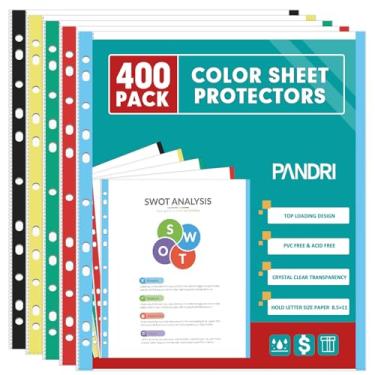 Imagem de Protetores de folha, pacote com 400 folhas protetoras de página de plástico resistente PANDRI reforçadas com 11 furos, adequado para fichário de 3 anéis, serve para papel padrão de 21 x 28 cm, 24 x 28