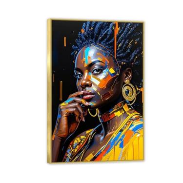 Imagem de Arte de parede afro-americana, feminina, imagem emoldurada, impressão em tela, pôster de pintura de mulher negra, decoração de casa de banho, 45 x 30 cm (18 x 12 pol), moldura dourada