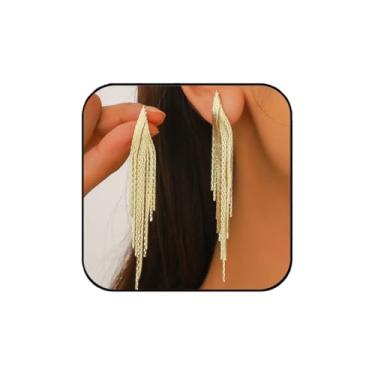 Imagem de JOOKOCCI Brincos femininos com franjas douradas, estilo punk, brincos longos da moda, roupas de discoteca dos anos 70/80, joias de festa na praia (9 x 0,55 polegadas)