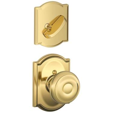 Imagem de Schlage Lock Company F59GEO605CAM Conjunto de maçanetas georgianas de latão polido com fechadura de cilindro único e rosa camelot decorativa