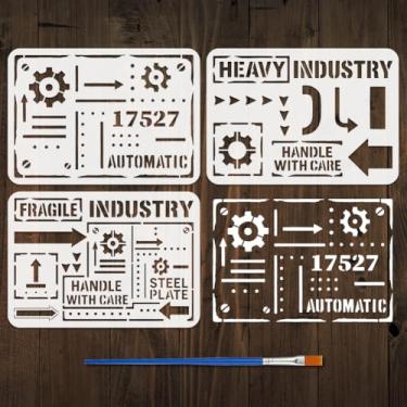 Imagem de FINGERINSPIRE 3 peças de estênceis retrô de estilo industrial para pintura com pincel 21 x 29,7 cm, engrenagens, flechas, números, letras, frases, estêncil, modelo de tema retrô para pintura em