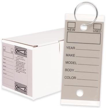 Imagem de Etiquetas de chave genuínas - Etiquetas duráveis autolaminadas à prova d'água - Cinza, pacote de 250 com 250 anéis - Suprimentos para concessionárias de carros a granel