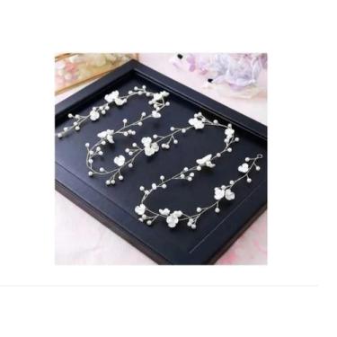 Imagem de Tiara Arranjo Cabelo Noiva Pérola Fio Flor Prata - Decastro