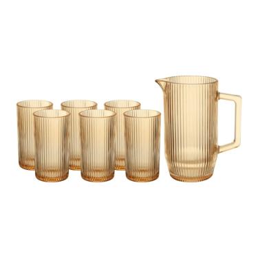 Imagem de Jogo De Copos E Jarra Em Vidro Graffiato âmbar Com 7 Peças Haüskraft