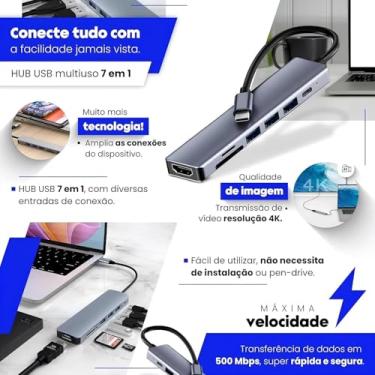 Imagem de Hub USB-C 7 em 1, Adaptador Multifuncional com HDMI 4K, 3 Portas USB 3.0, Leitor de Cartão SD, Carregamento PD, 500 Mbps