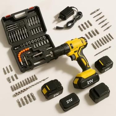 Imagem de Parafusadeira Furadeira Kit Completo Com 2 Baterias 21V Recarregaveis Maleta Soquetes Pontas Brocas