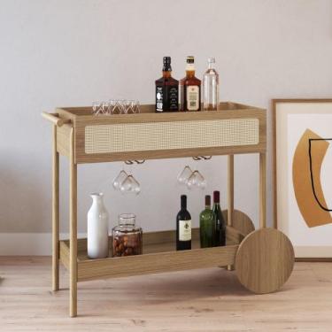 Imagem de Carrinho Bar Eros 1 Gaveta 112cm c/ Porta Taças Palhinha Pé Madeira Bo