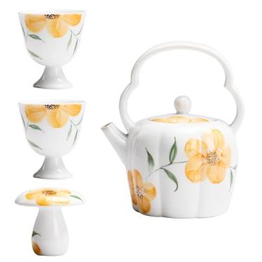 Imagem de Conjunto de chá de Gongfu pintado à mão – Girassóis dourados em porcelana branca pura, inclui mini bule de chá, Gaiwan e xícaras de chá, conjunto de presente de cerimônia de chá (bule de chá + 2