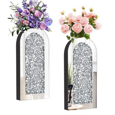 Imagem de ZEXUIRU 2 conjuntos de decoração de parede de vaso de metal redondo com strass, suporte de pampa montado na parede, decoração de vaso de flores de diamante brilhante para sala de estar e quarto