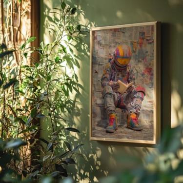 Imagem de Quadro Decorativo Astronauta Leitura Com Moldura - Espaço Viagem Leitor Geek Livros Universo Infantil Juvenil Colorido Divertido