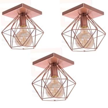 Imagem de Lustre Luminária Plafon Quadrado Diamante Aramado (Rose Gold) Luxo Moderno Pendente Retrô Kit Com 3 Unidades