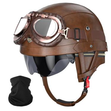 Imagem de Fizcvky Capacete Alemão De Couro Vintage Para Motocicleta, Retrô Com Aprovação Half Dot, Óculos E Viseira, Forro/Protetores Ouvido Removíveis, Bicicleta, Scooter, Chopper, Adultos, Homens Mulheres