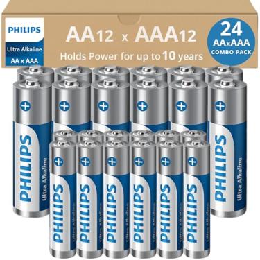 Imagem de PHILIPS - Pacote combo de 24 pilhas AA e AAA, pacote variado de pilhas ultra alcalinas, pacote com 12 unidades cada, vida útil de 10 anos, potência definitiva de longa duração, embalagem reutilizável
