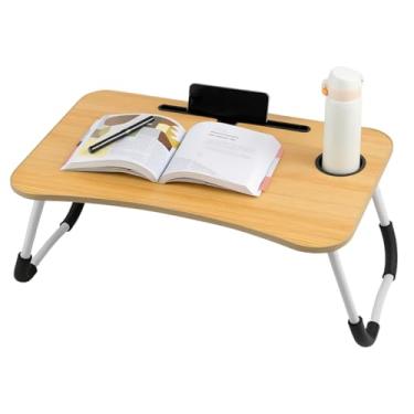 Imagem de Mesa Portátil Dobrável para Notebook com Suporte Tablet, Porta Copo e Caneta – Madeira e Aço Inox