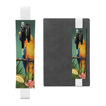 Imagem de FJWSLCH Suporte de caneta ajustável com faixa elástica e clipe de couro PU para diários de capa dura, suporte de lápis de papagaio de verão, abacaxi, pássaro, para notebook, 2 a 3 canetas, preto