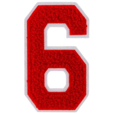 Imagem de 1 peça de patch de número de chenille vermelho de 10 cm, remendos de ferro para chapéus, bolsas de roupas, mochilas, jeans, par com remendos iniciais letras grandes universitárias (vermelho 6)