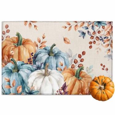 Imagem de Chic D Tapete de porta de outono tapete de entrada interna laranja abóbora tapete de ação de graças tapete para exterior antiderrapante absorvente azul folhas de abóbora capacho para banheiro cozinha